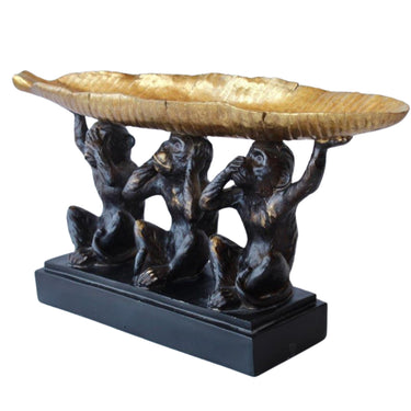 gold leaf 3 wise monkey bowl with black monkeys and gold tray