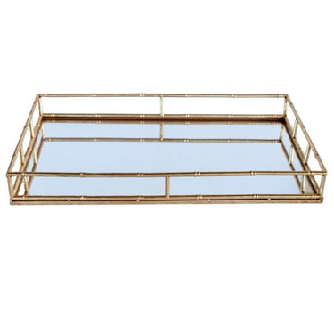 Elegant mirror tray with a gold bamboo-style metal frame