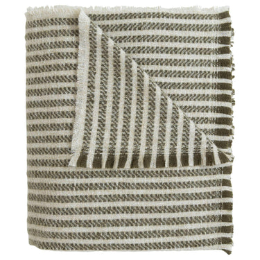 celine throw blanket with a striped pattern in cream and olive green, featuring fringed edges.
