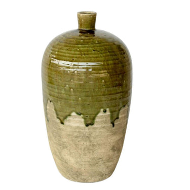 Green ceramic accent vase with unglazed warm beige clay base