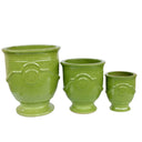 French-style green planter pots, available in three sizes, perfect for plant displays.