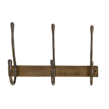 Hang-Out 3-hook wall rack by Woodka Interiors, in minimal solid brass backplate with three hand-finished vertical coat hooks.