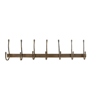 Wall-mounted Hang-Out 7-hook wall rack by Woodka Interiors, in minimal solid brass backplate with seven hand-finished vertical coat hooks.