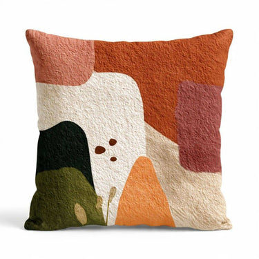 A square scatter cushion Horizon, colour blocks in terracotta, olive green, cream, and dusty rose.