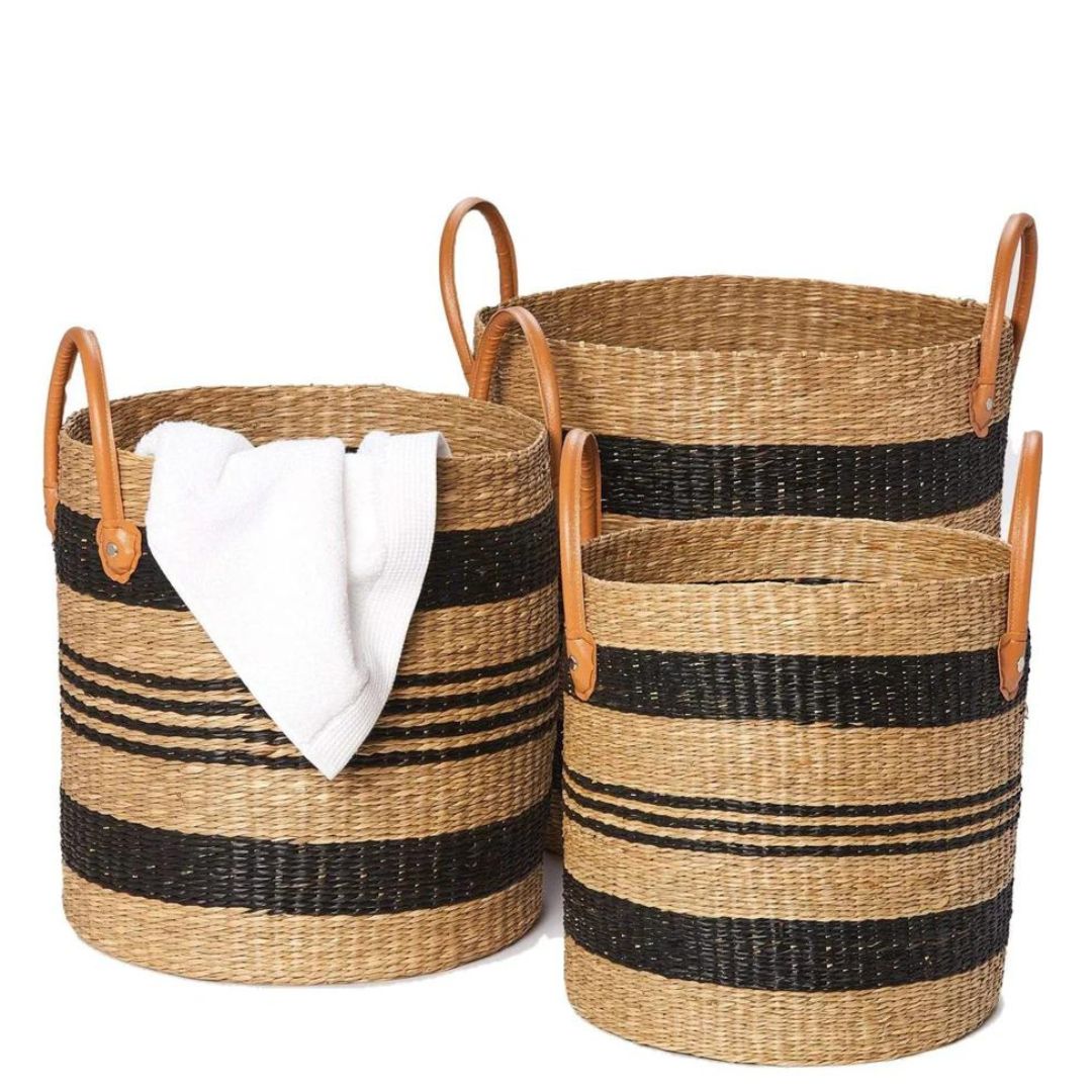 Hudson Black Natural Seagrass Baskets Set of 3