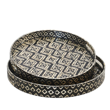 Ikat Round Capiz Ottoman Tray Set By Woodka Interiros