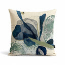 Indigo reef scatter cushion in navy blue organic shapes, sage green textures, black stippling dots, and fine white line patterns on a cream colour.