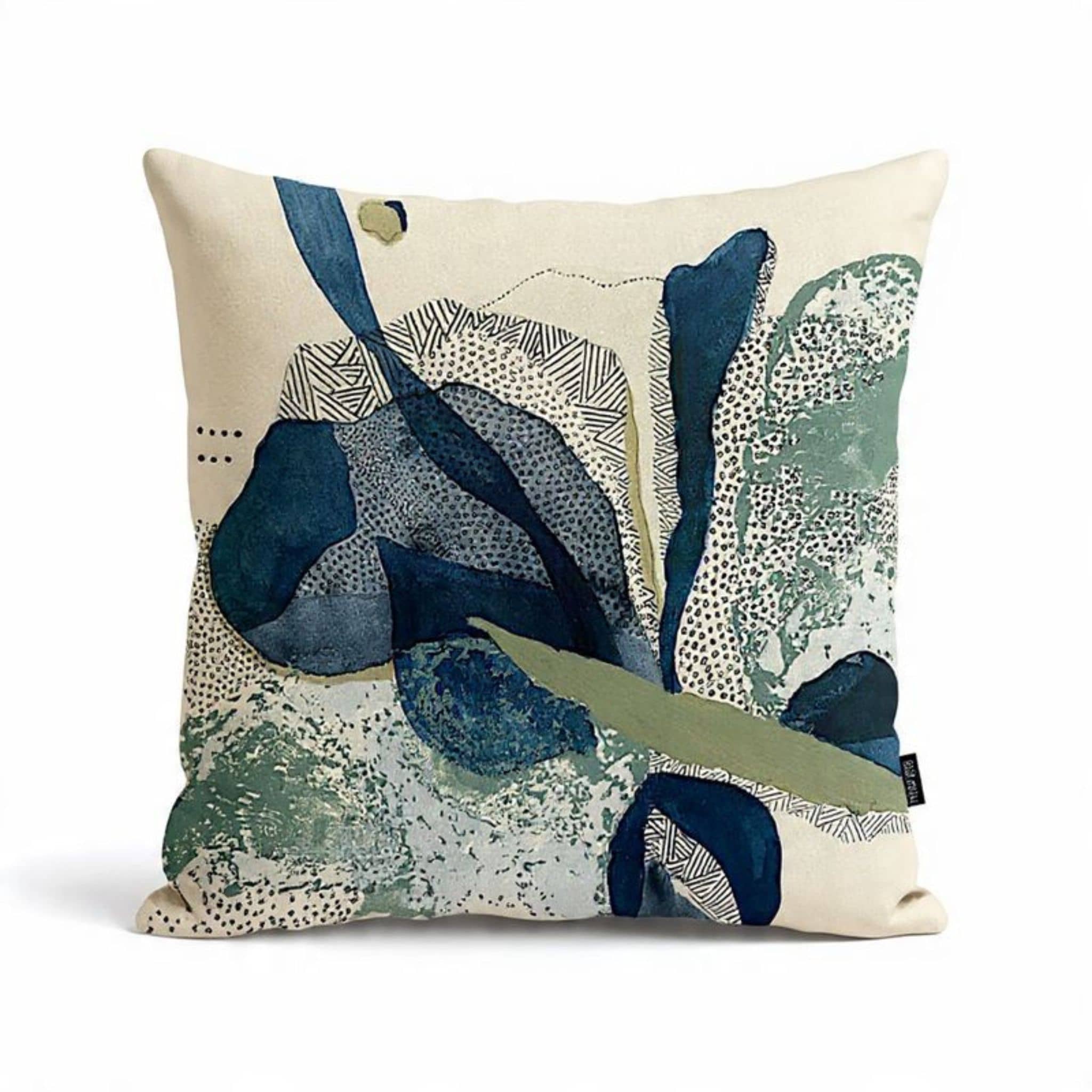Indigo reef scatter cushion in navy blue organic shapes, sage green textures, black stippling dots, and fine white line patterns on a cream colour.
