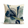 Indigo reef scatter cushion in navy blue organic shapes, sage green textures, black stippling dots, and fine white line patterns on a cream colour.
