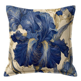 60x60cm Iris Nocturne floral scatter cushion with a blue and gold iris pattern and a flanged Oxford edge.
