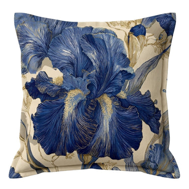 60x60cm Iris Nocturne floral scatter cushion with a blue and gold iris pattern and a flanged Oxford edge.