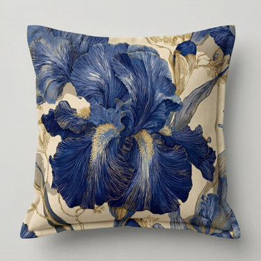 60x60cm Iris Nocturne floral scatter cushion with a blue and gold iris pattern and a flanged Oxford edge.