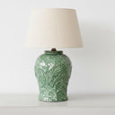 Green botanical ceramic table lamp with neutral fabric shade