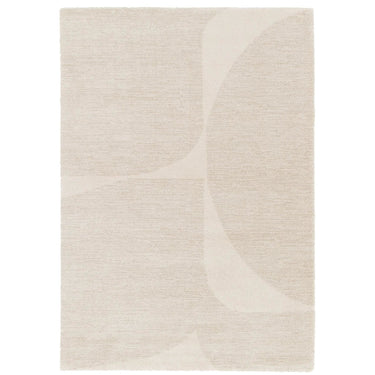 Light beiges on abstract curved block patterned rug.
