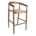 Mid-century modern Kashmir teak bar chair with natural frame and a durable braided rattan rope weave seat.