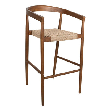 Mid-century modern Kashmir teak bar chair with natural frame and a durable braided rattan rope weave seat.