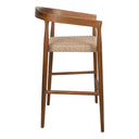 Kashmir teak bar stool with a curved backrest, brown wood frame, and a natural woven rope seat.
