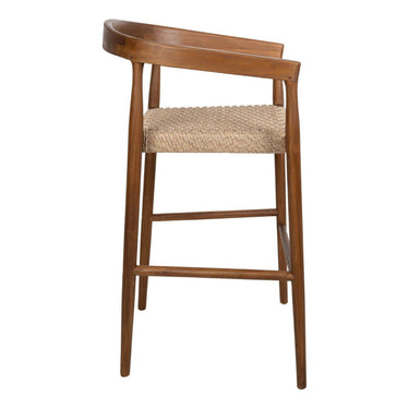 Kashmir teak bar stool with a curved backrest, brown wood frame, and a natural woven rope seat.
