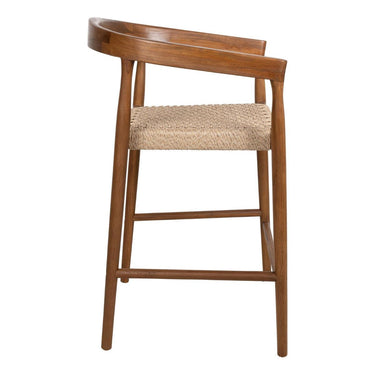 Kashmir teak counter stool with a curved backrest, brown wood frame, and a natural woven rope seat.