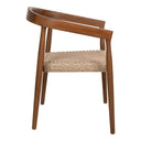 Mid-century modern teak counter stool with a curved backrest, brown wood frame, and a natural woven rope seat.
