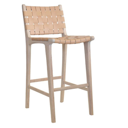 Woven Leather and Wood Counter Stool