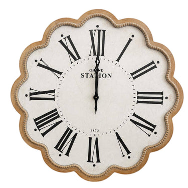 Large clock with a round scalloped wall distressed natural wood border and vintage Grand Station 1873 face.