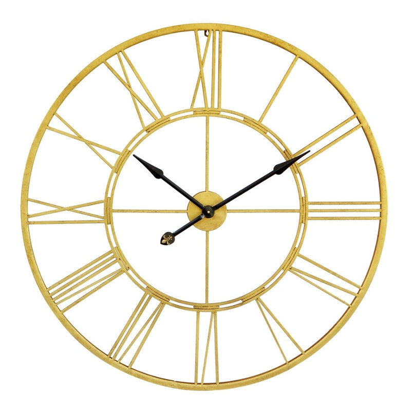 Oversized 102cm large round gold cut out skeleton wall clock with open metal face and Roman numerals