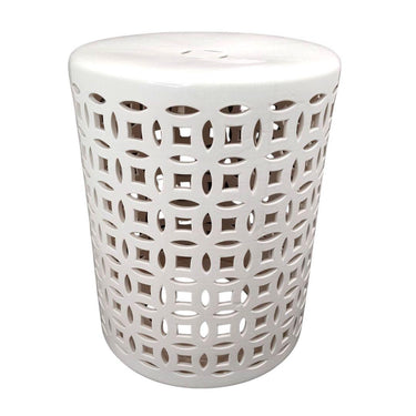 White Lattice Ceramic Stool with cylindrical form and central cutout