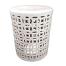 White decorative stool with a lattice pattern on a white background