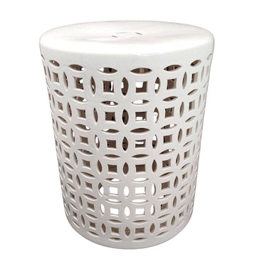 White decorative stool with a lattice pattern on a white background