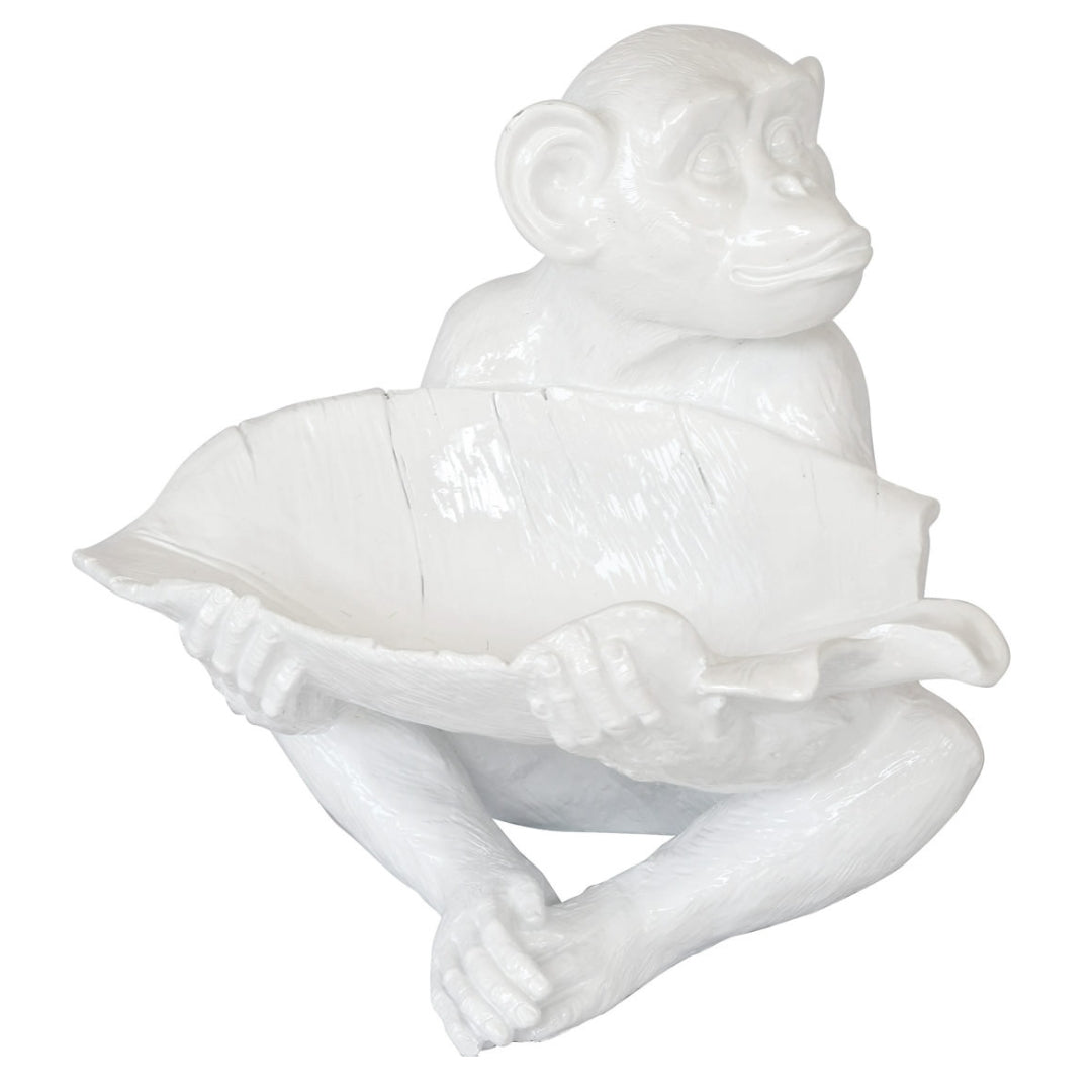 Leafy White Large Monkey Bowl in Resin