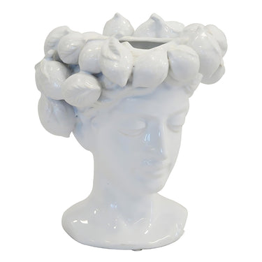White ceramic lemon head vase with sculpted face and lemon wreath — a decorative accent for kitchen counters or shelf styling