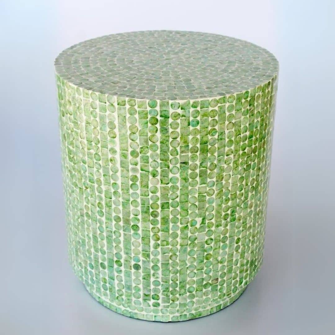 Stylish Lime Green Capiz Stool, perfect as a footrest or side table.