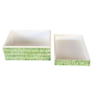 Limira Decorative Box Set featuring vibrant lime-green capiz shells, perfect for coffee tables and shelves.