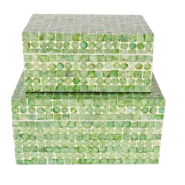 Lime-green Limira Decorative Box Set with radiant capiz shells for elegant trinket storage.