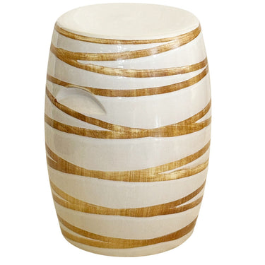 Linear Ceramic Stool with white finish and subtle gold-like line, perfect as a ceramic stool for poolside, patios, or indoor spaces. Available online at Woodka Interiors South Africa.