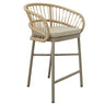 counter-height bar stool with aluminium frame, rattan seat, and grey cushion.