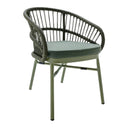 Lola Corfu Kelp green outdoor dining chair featuring a wicker rope backrest and cushion on an aluminium frame.