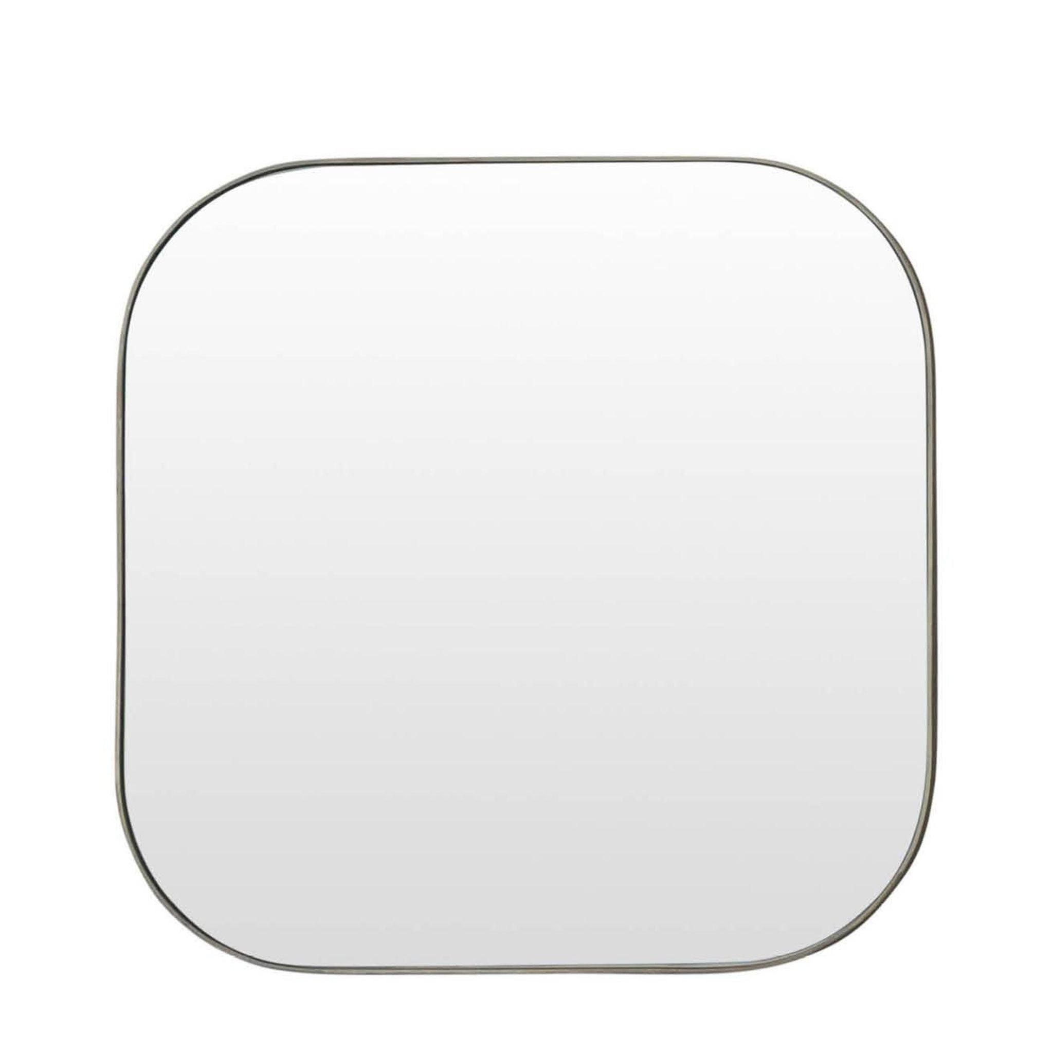 Modern rounded square wall mirror with a slim brushed brass frame.