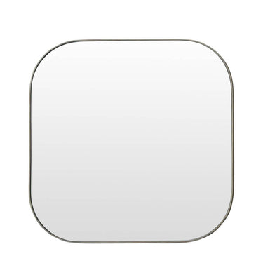 Modern rounded square wall mirror with a slim brushed brass frame.