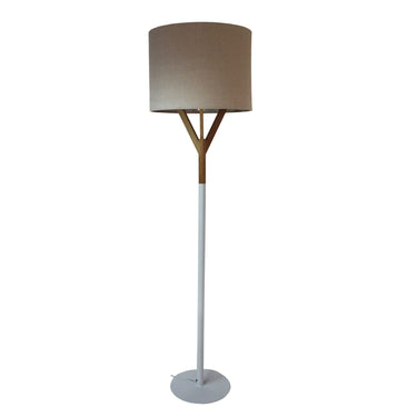 Lumora Floor Lamp with white steel base, oak top, and natural linen shade a
Modern standing lamp with white and oak design.