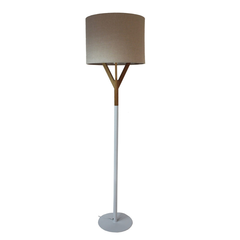 standing lamp with steel base, slender stem, and fabric shade