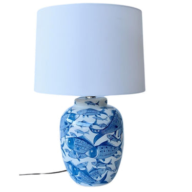 Ceramic Table Lamp Blue White Fish Pattern Base