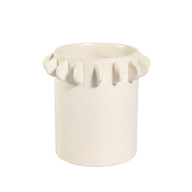 Lunaria ivory ceramic vase small vessel with half-moon scalloped tab edge design.