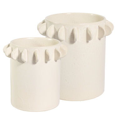 White ceramic vase with  half-moon scalloped tab design in large and small.