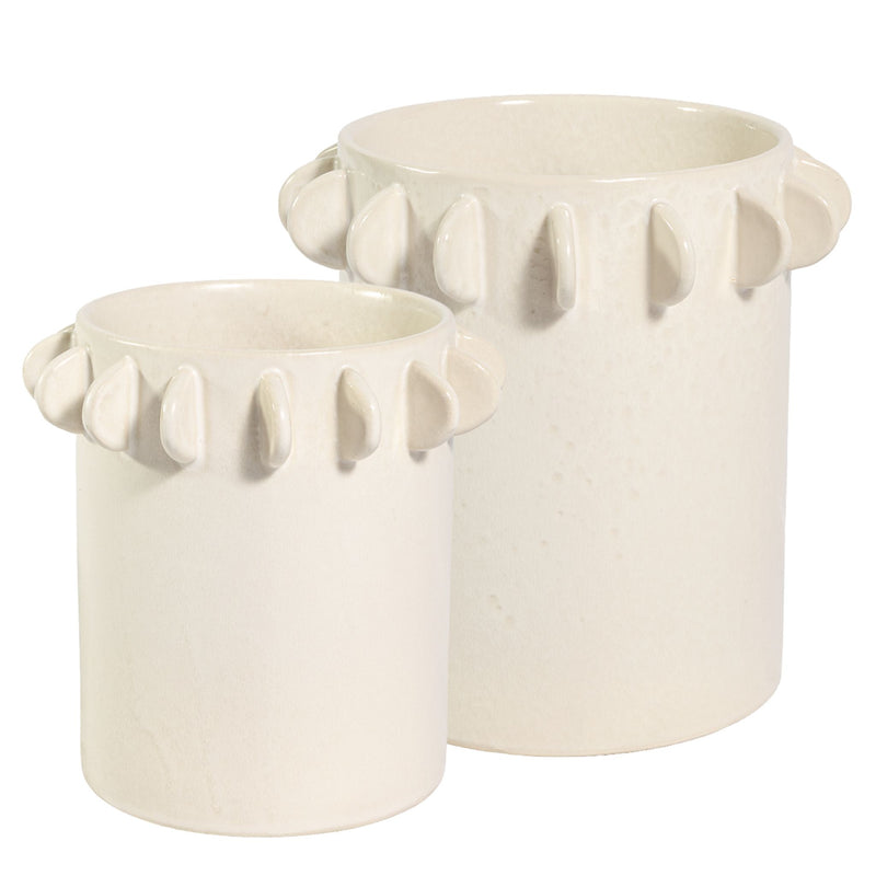 White ceramic vase with  half-moon scalloped tab design in large and small.