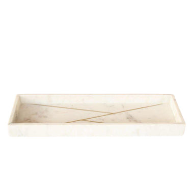 Long rectangular white marble decorative tray featuring a sleek, narrow profile with clean geometric brass inlay accents.