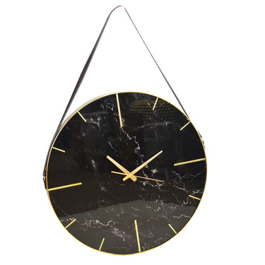 Black Marble Wall Clock with leather strap and gold frame, available online at Woodka Interiors South Africa.