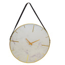 White Marble Wall Clock with leather strap and gold frame, available online at Woodka Interiors South Africa.