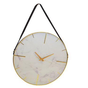 White Marble Wall Clock with leather strap and gold frame, available online at Woodka Interiors South Africa.